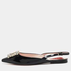 Roger Vivier Black Patent Leather Strass Buckle Slingback Flats Size 37