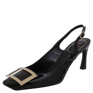 Roger Vivier Black Patent Leather Trompette Slingback Sandals Size 38