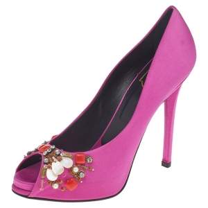 Roger Vivier Pink Satin Embellished Peep Toe Pumps Size 38