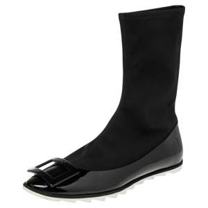 Roger Vivier Black Neoprene and Patent Leather Belle Ankle Boots Size 39
