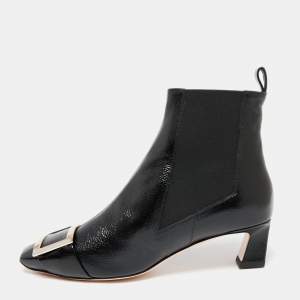 Roger Vivier Black Patent Leather Trompette Chelsea Ankle Boots Size 39