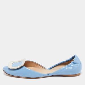 Roger Vivier Blue Patent Leather Chips D'Orsay Buckle Ballet Flats Size 37.5