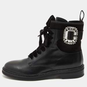 Roger Vivier Black Leather and Suede Viv Rangers Strass Buckle Combat Boots Size 42