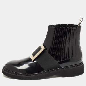 Roger Vivier Black Patent Leather Viv' Rangers Metal Buckle Chelsea Boots Size 42