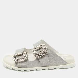 Roger Vivier Silver Glitter Slidy Viv Slides Size 36
