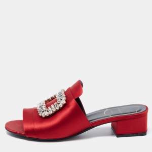 Roger Vivier Red Satin Crystal Embellished Slide Size 36
