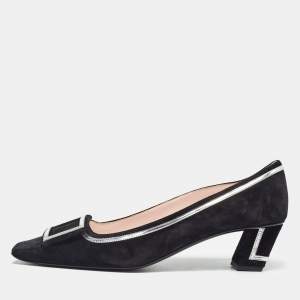 Roger Vivier Black/Silver Suede and Leather Square Toe Pumps Size 40