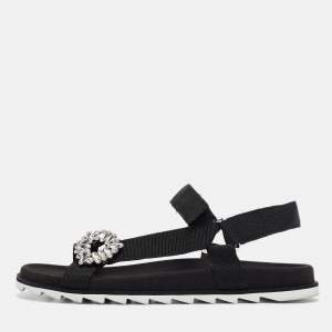 Roger Vivier Black Canvas Crystal Embellished Flat Sandals Size  41