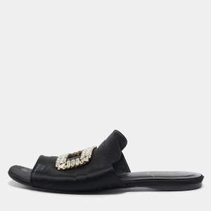 Roger Vivier Black Satin Crystal Embellished Flat Mules Size 40