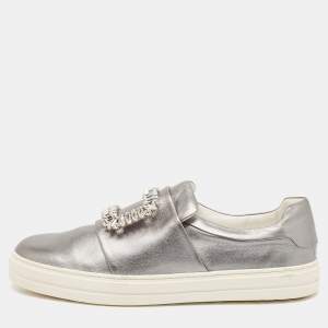 Roger Vivier Silver Leather Sneaky Viv Lace Up Sneakers Size 41