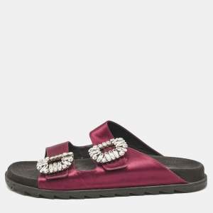 Roger Vivier Burgundy Satin Slidy Viv Flat Sandals Size 40         