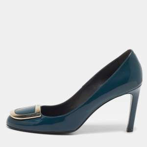 Roger Vivier Teal Blue Patent Leather Buckle Round Toe Pumps Size 38.5
