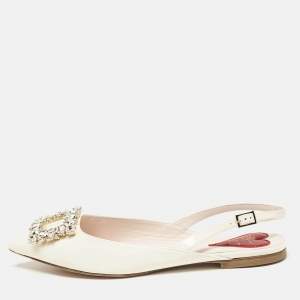 Roger Vivier Off White Patent Leather Strass Buckle Slingback Flats Size 37