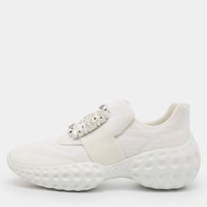 Roger Vivier White Nylon Viv Run Crystal Buckle Sneakers Size 39.5