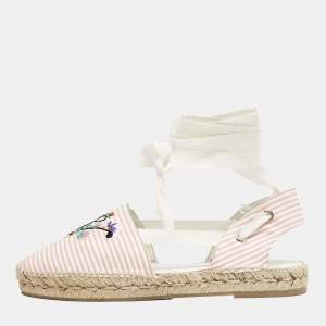 Roger Vivier Pink/White Stripe Fabric Floral Embroidered Wrap Espadrille Sandals Size 40