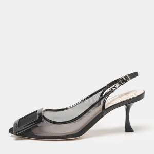 Roger Vivier Black Patent and Mesh Belle Vivier Slingback Pumps Size 37