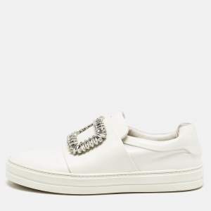 Roger Vivier White Leather Sneaky Viv Crystal Embellished Slip On Sneakers Size 38
