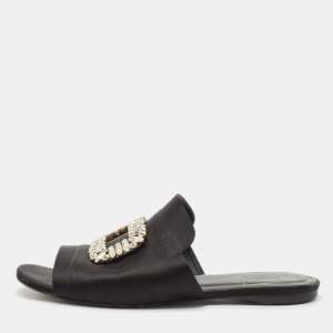 Roger Vivier Black Satin Crystals Embellished Flat Slides Size 38.5