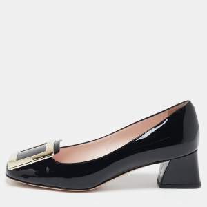 Roger Vivier Black Patent Leather Belle Vivier Block Heel Pumps Size 37