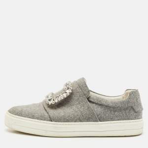 Roger Vivier Grey Wood  Crystal Embellished Slip On Sneakers Size 38
