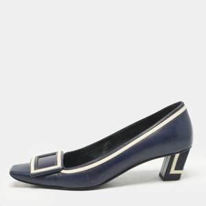 Roger Vivier Navy Blue Leather Buckle Detail Pumps Size 37.5