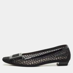 Roger Vivier Black Mesh and Patent Leather Belle Vivier Ballet Flats Size 37.5