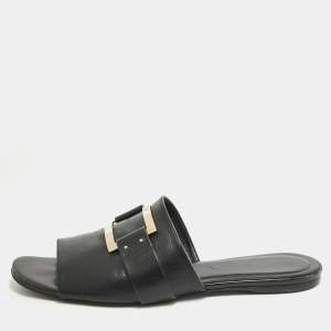 Roger Vivier Black Leather Buckle Flat Slides Size 41