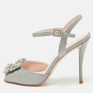 مملوكة مسبقًا Roger Vivier Silver Glitter Crystal Embellished  Ankle Strap Sandals Size 37