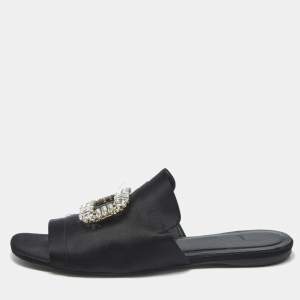 Roger Vivier Black Satin Crystal Embellished Slide Sandals Size 41