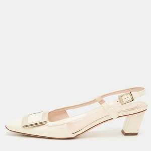 Pre Owned Roger Vivier Cream Patent Leather Trompette Slingback Pumps Size 37.5