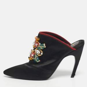 Pre Owned Roger Vivier Black Satin Crystals Embellished Mules Size 39