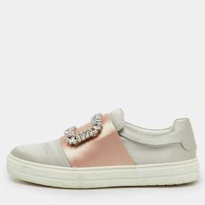 Pre Owned Roger Vivier Light Grey/Beige Satin Crystal Embellished Sneaky Viv Slip On Sneakers Size 38