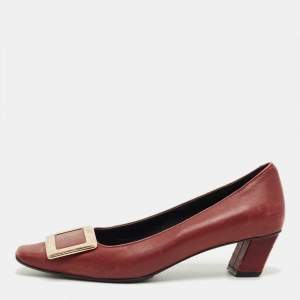 Pre Owned Roger Vivier Burgundy Leather Trompette Block Heel Pumps Size 36