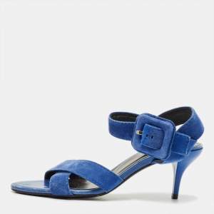 Pre Owned Roger Vivier Blue Suede Crisscross Ankle Strap Sandals Size 35