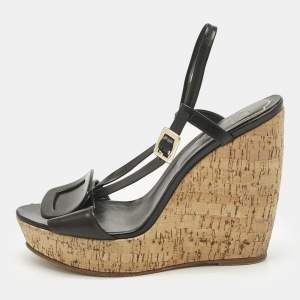 Pre Owned Roger Vivier Black Leather Buckle Wedge Slingback Sandals Size 40
