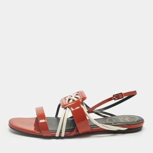 Pre Owned Roger Vivier Red Patent and Leather Slingback Flat Sandals Size 37
