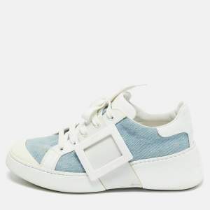Pre Owned Roger Vivier White/Blue Denim and Leather Viv Skate Sneakers Size 39