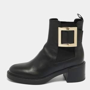 Pre Owned Roger Vivier Black Leather Buckle Ankle Length Boots Size 38