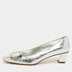 Pre Owned Roger Vivier Silver Metalic Leather Belle Vivier Pumps Size 39