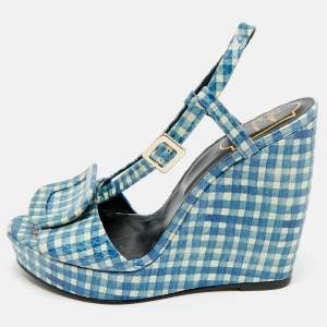مملوكة مسبقًا Roger Vivier Gingham Size 37.5 Blue Snakeskin Embossed Leather Wedge Sandals