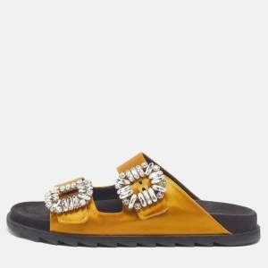 Pre Owned Roger Vivier Slidy Viv Size 38 Yellow Satin Flat Sandals