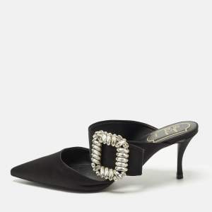 Pre Owned Roger Vivier Size 36 Black Satin Buckle Crystal Embellished Mules