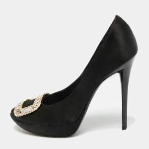 Pre Owned Roger Vivier Limelight Size 39.5 Black Satin Crystal Embellished Platform Pumps