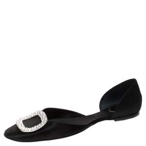 Roger Vivier Black Satin Crystal Embellished Chip Flats Size 42