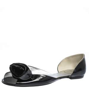 Roger Vivier Black Patent Leather Rose N'Roll Peep Toe Ballet Flat Size 39
