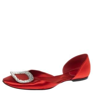 Roger Vivier Red Satin Strass Chips Ballerina D'orsay Flats Size 39