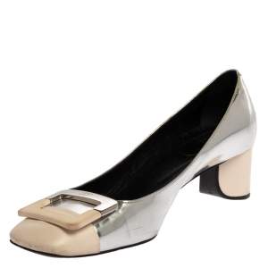 Roger Vivier 2 Tone Leather Buckle Square Toe U-Cut Heel Pump Size 38
