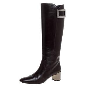 Roger Vivier Dark Brown Leather Buckle Detail Knee Length Boots Size 36.5