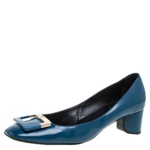 Roger Vivier Blue Leather Buckle Square Toe Pump Size 40.5