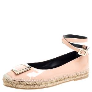 Roger Vivier Light Pink Patent Leather Buckle Ankle Wrap Espadrille Flats Size 39.5